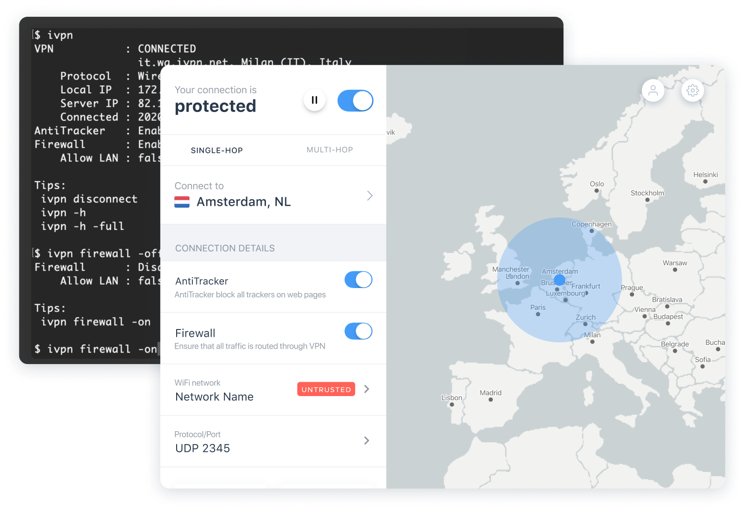 Illustration of selecting VPN server location in VPN app